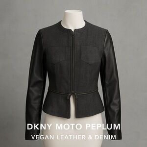 DKNY Black Denim & Vegan Leather Moto Peplum Jacket women’s medium